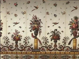 Textile with Classical Vases and Urns, Flowers and Birds of Paradise, by Cousin and Bony, Bissardon, Lyon